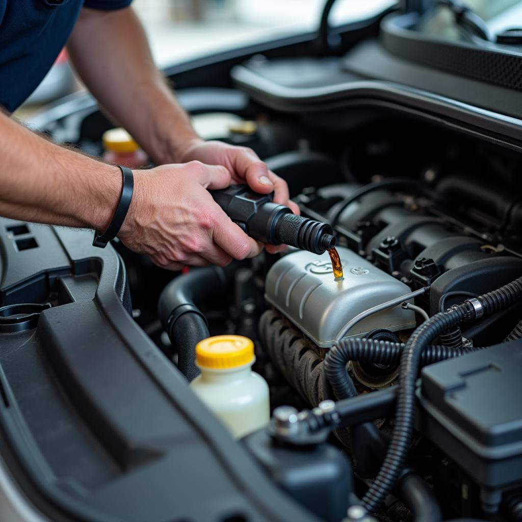 Technician performing an oil change during a regular car service in Meerut