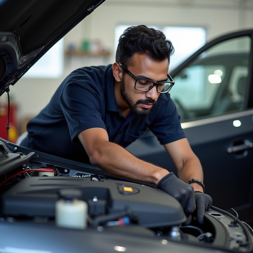 A certified car service technician working on a vehicle in RT Nagar.