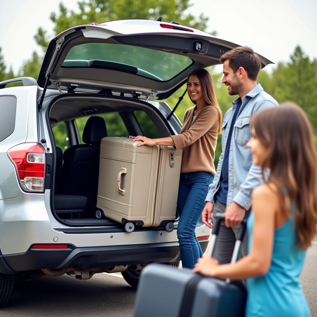 A family with luggage being assisted by their car service driver at San Antonio International Airport.