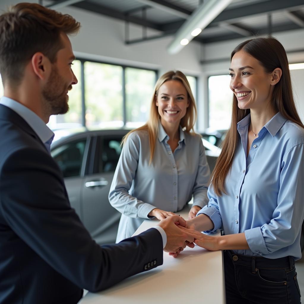 Happy customer receiving car keys back at service center