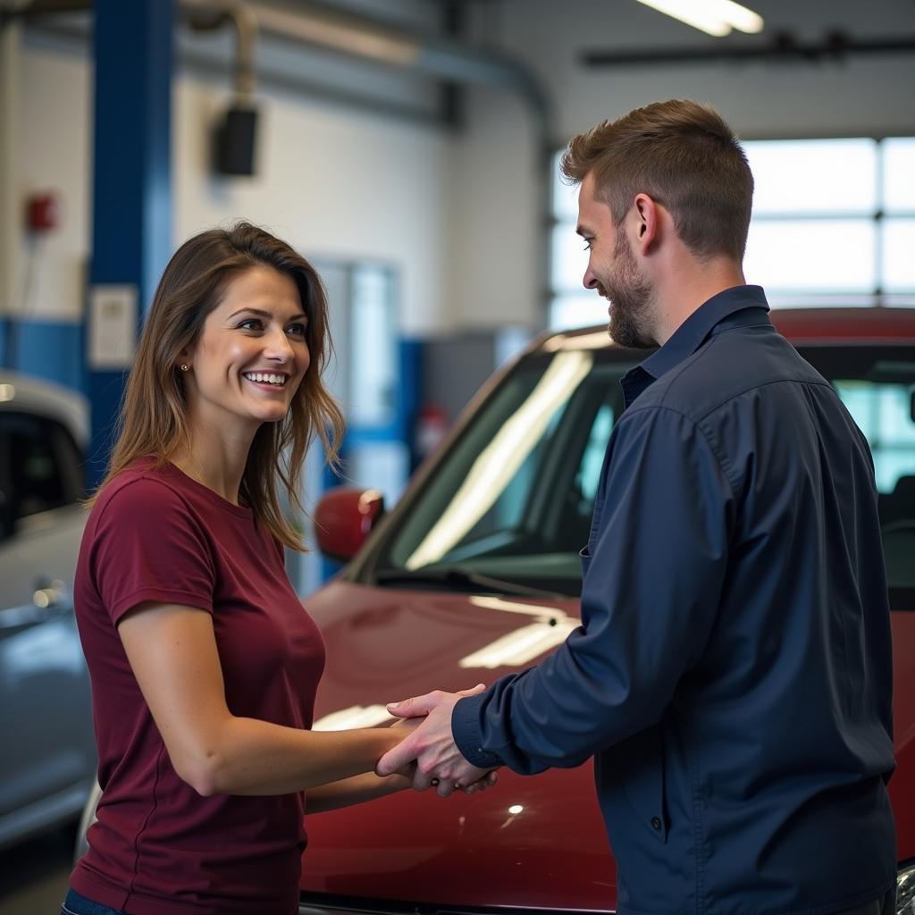 Satisfied customer receiving their repaired car at a Westbrook auto shop