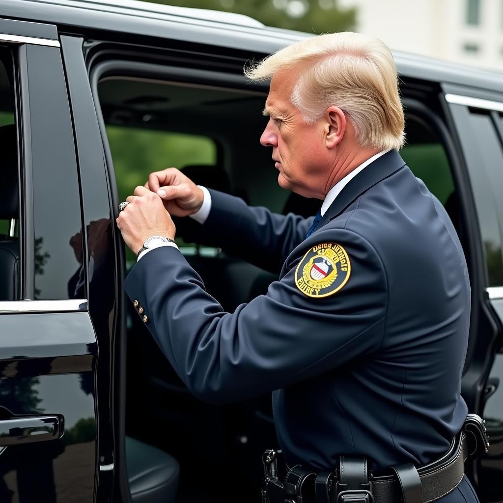 Secret Service agent securing the presidential vehicle before the President enters.