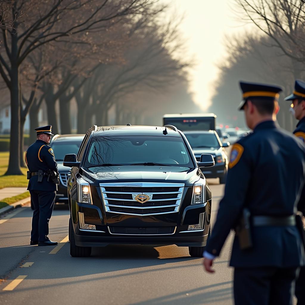 Secret Service agents surrounding the presidential motorcade ensuring security.