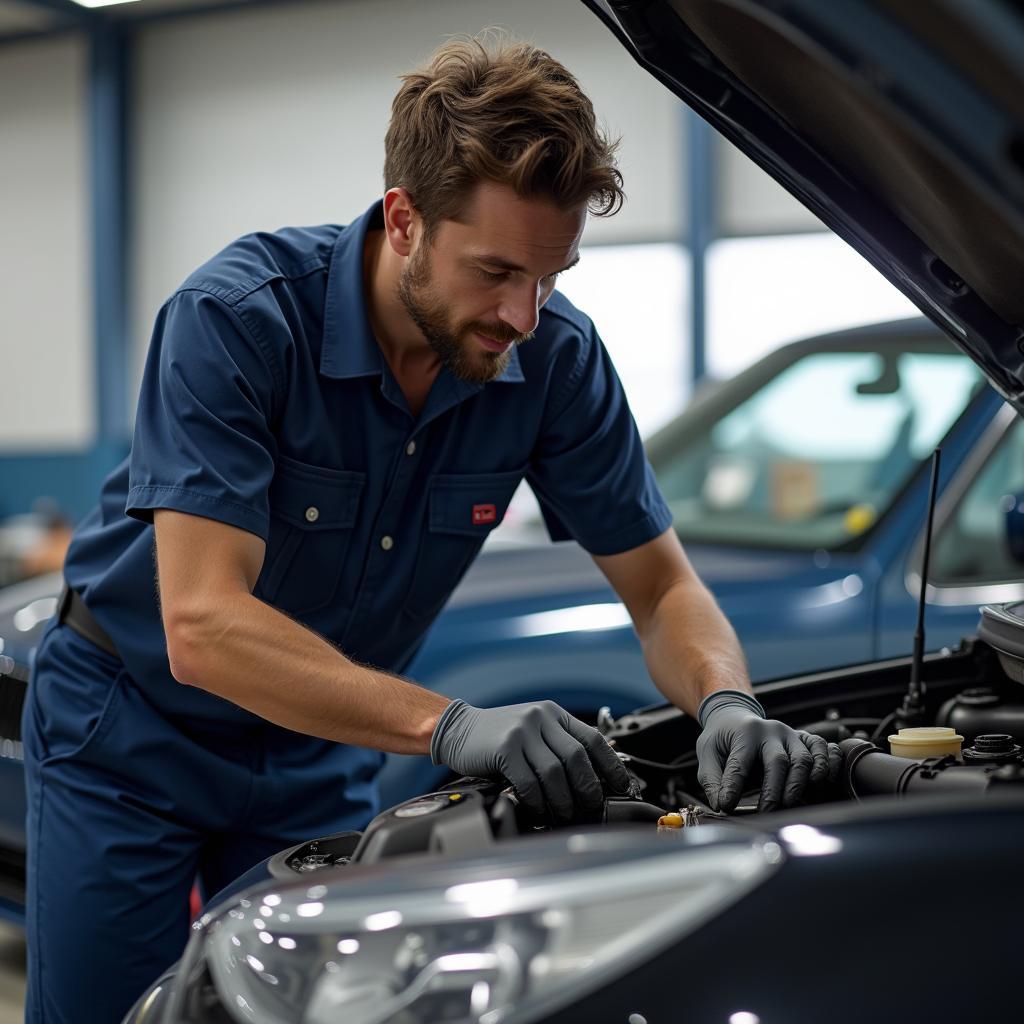 Mechanic performing routine maintenance on a car in Sector 16.