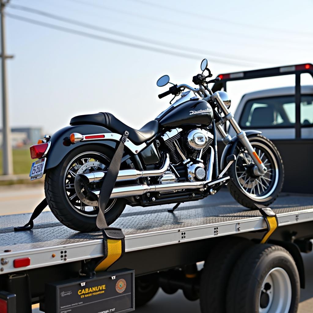 Securely Strapped Motorcycle on Tow Truck