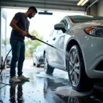 Man washing his car at a self-service car wash