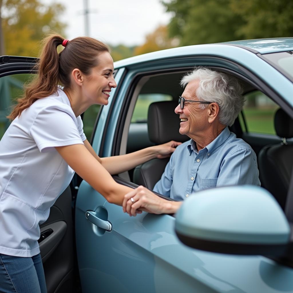 Senior Citizen being helped into a car for dental appointment