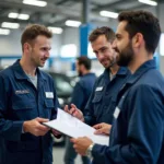 Service manager in Kuwait car dealership workshop managing technicians and interacting with customers.