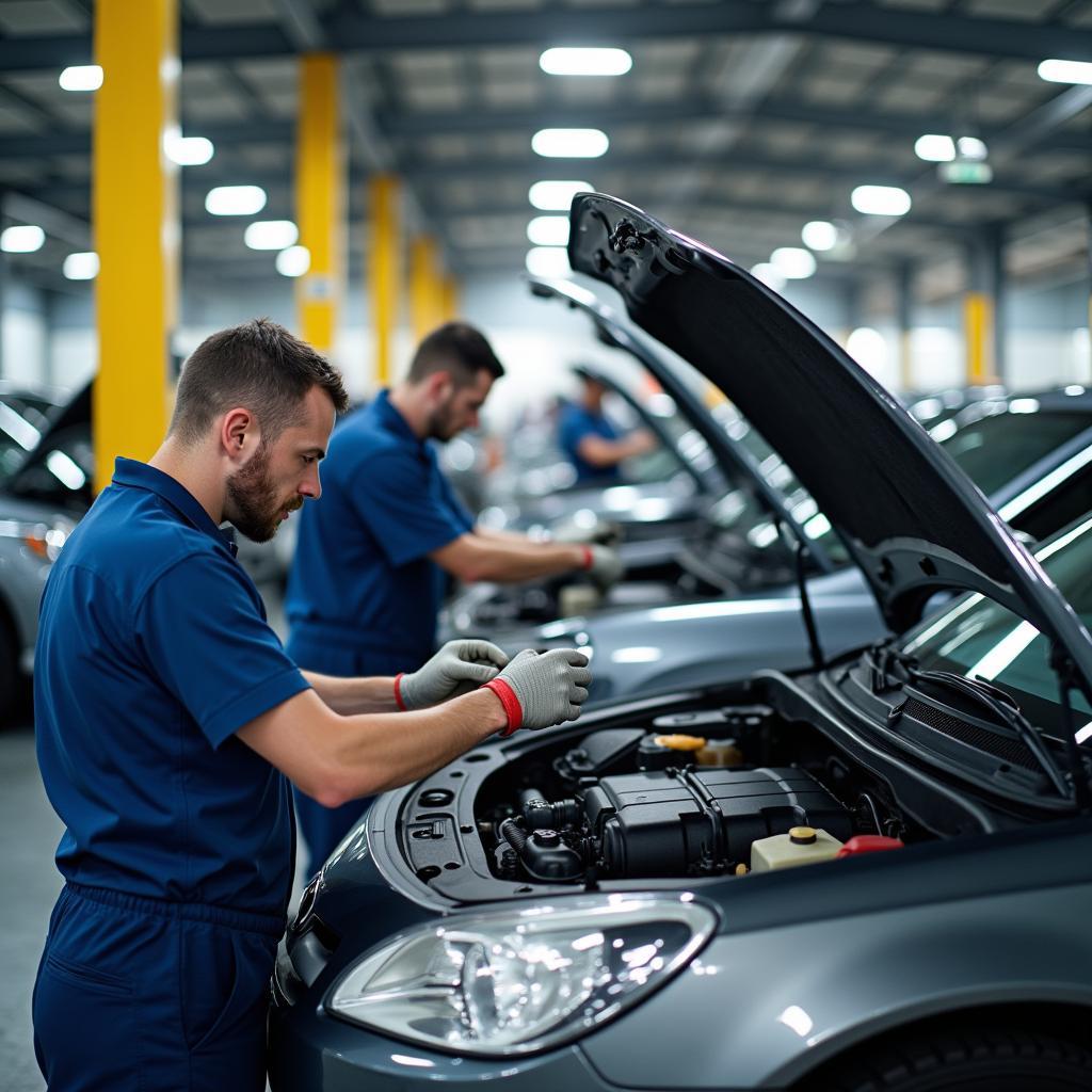 Skilled Mechanics Working in a Car Service Center