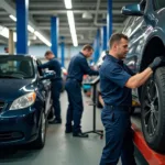 Skilled mechanics working in a Bangalore car service center