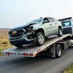 Slide car loading damaged vehicle onto flatbed for transport