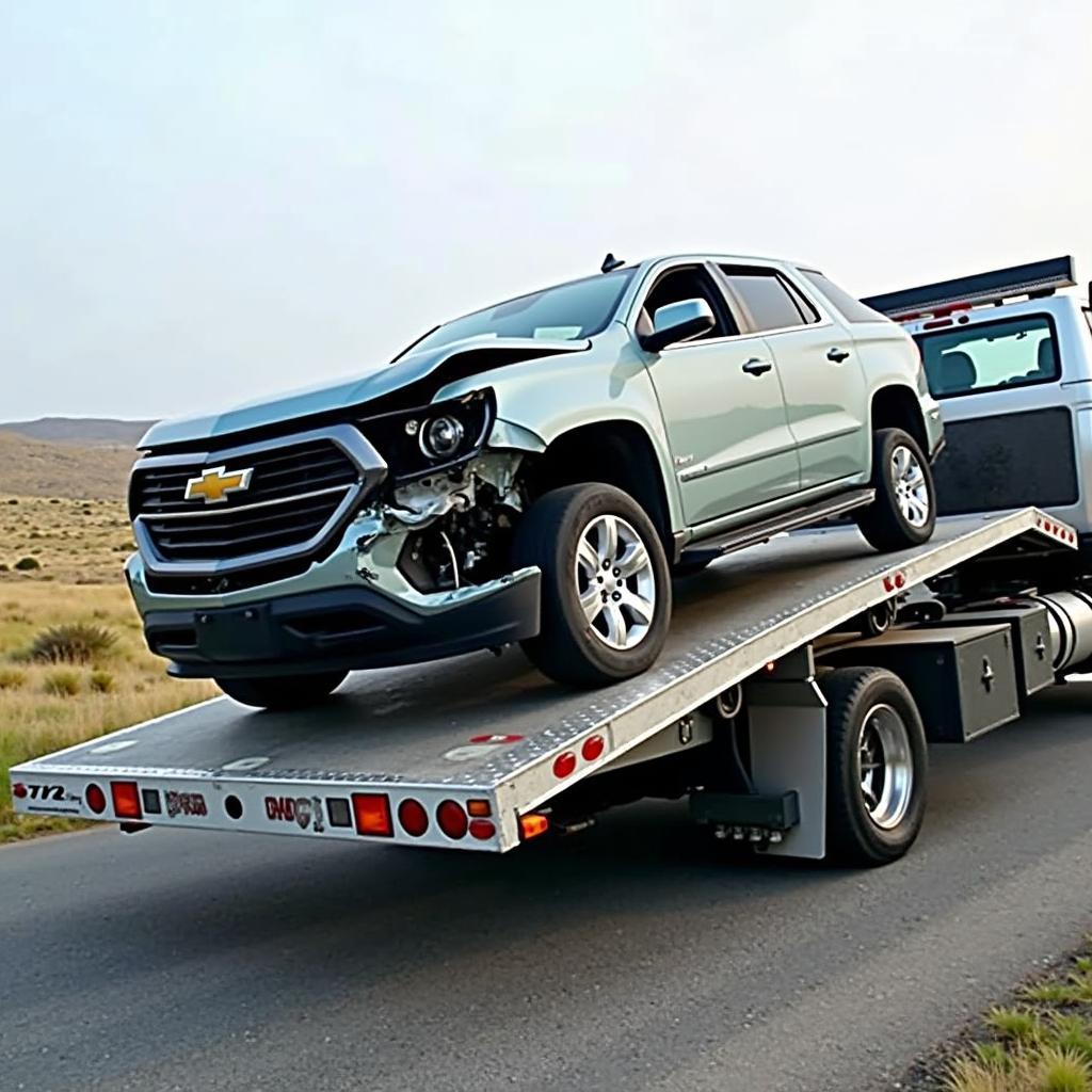 Slide car loading damaged vehicle onto flatbed for transport