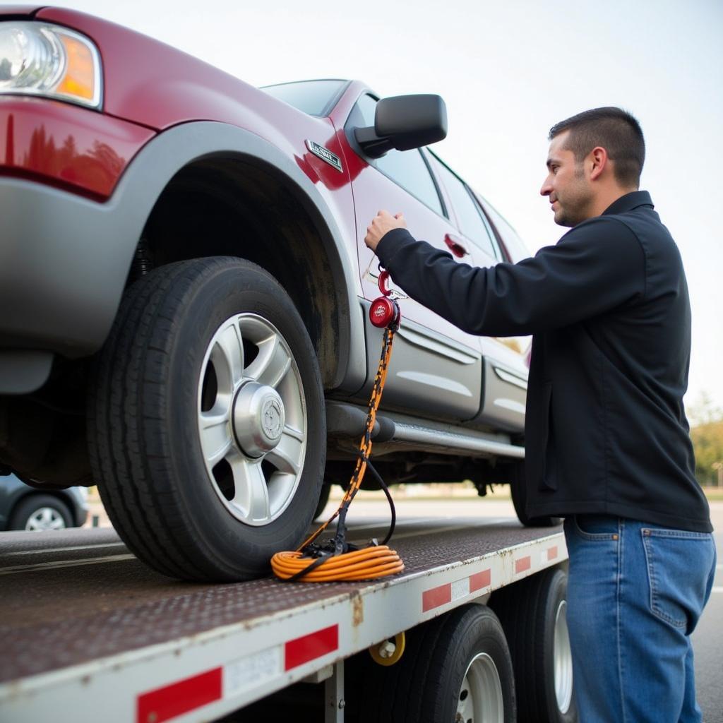 Slide car operator securing vehicle on flatbed with winch