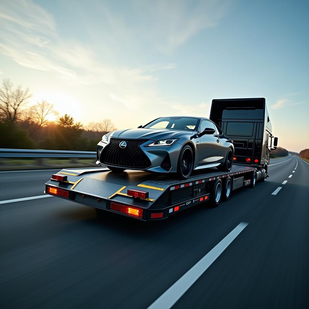 Slide car transporting luxury car on highway