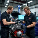 Specialist Car Service Wellingborough - Expert mechanics working on a high-performance engine in a well-equipped garage.