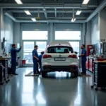 Stan Auto Mohali Service Center - Modern and equipped service bay with technicians working on a car.