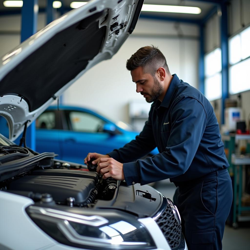 Mechanic working on a car in a Sullurpet service center