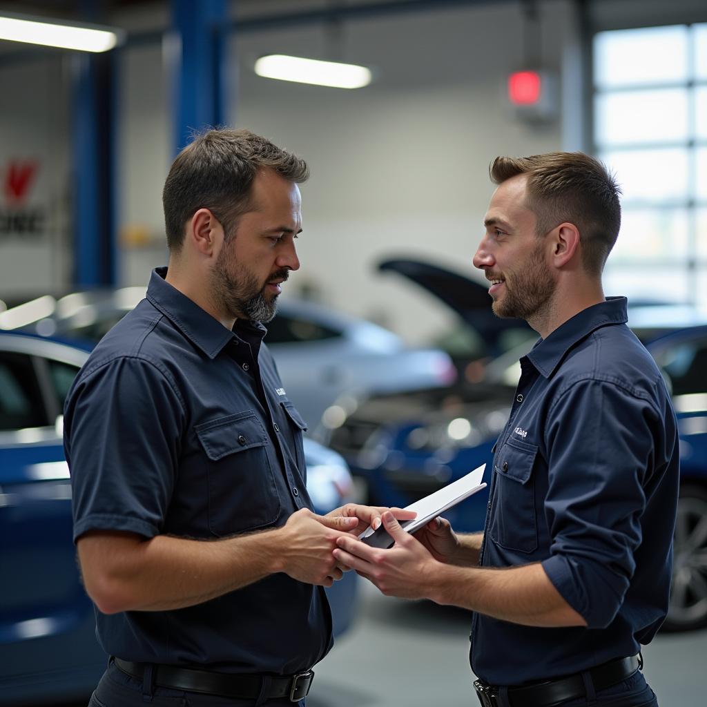 Customer discussing car repair with mechanic in Sullurpet