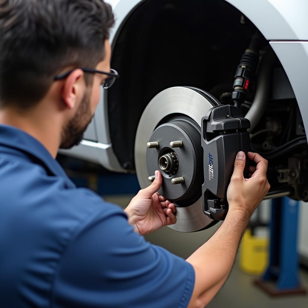 Surakshaa Car Care Brake Inspection - Technician inspecting car brake system for safety