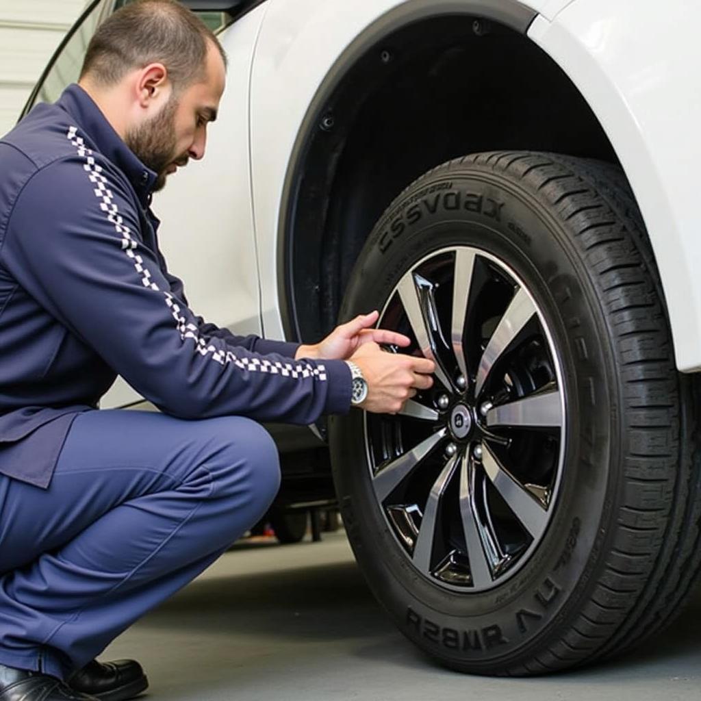 Surakshaa Car Care Tire Rotation - Technician rotating car tires for even wear