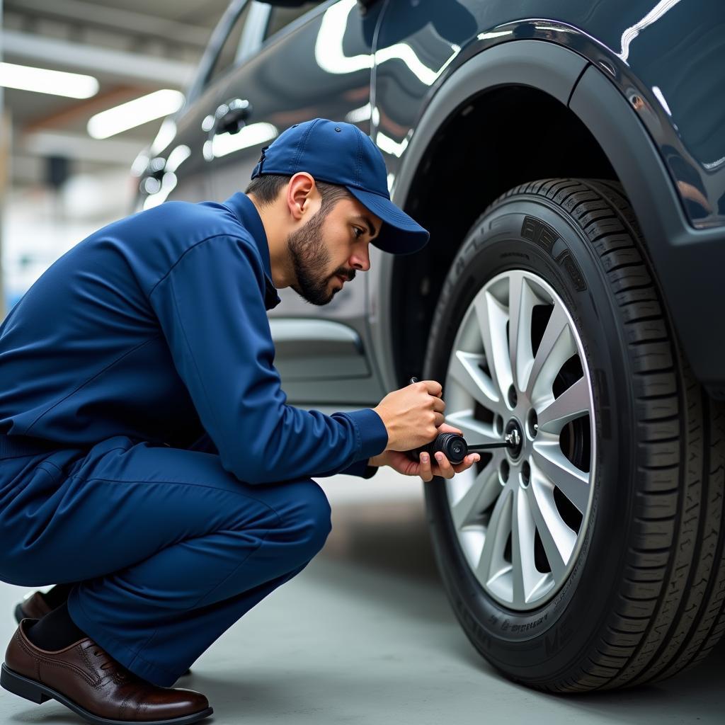 Mechanic performing routine maintenance on a Tata car