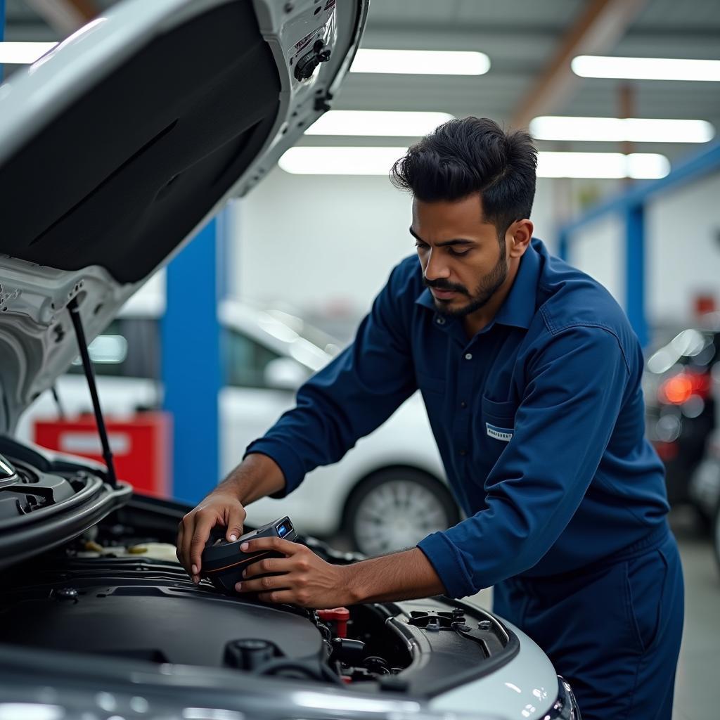 Tata Mechanic Performing Engine Diagnostics in Kannur