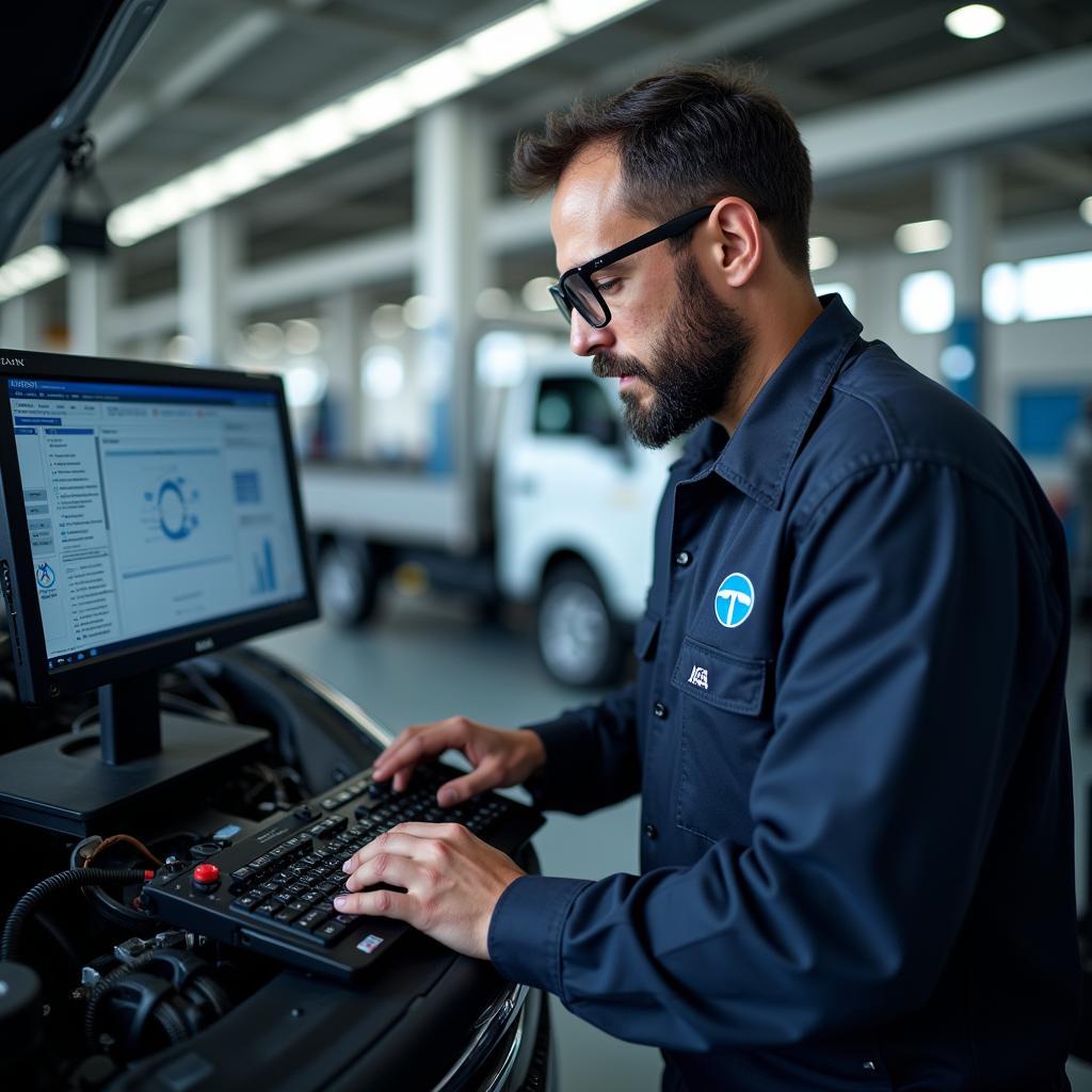 Skilled Technician at a Tata Motors Authorized Service Center Performing Diagnostics