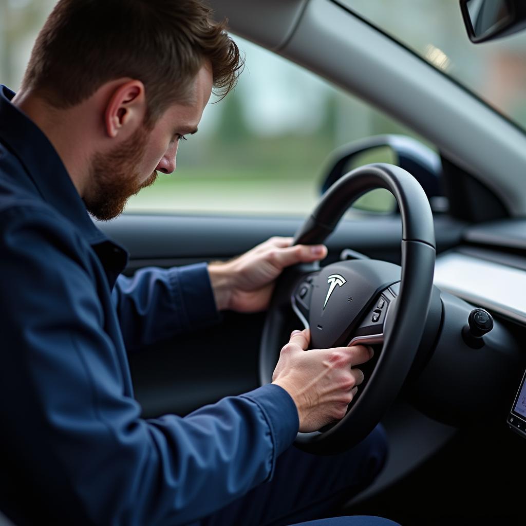 Tesla Mechanic Using Diagnostic Tool