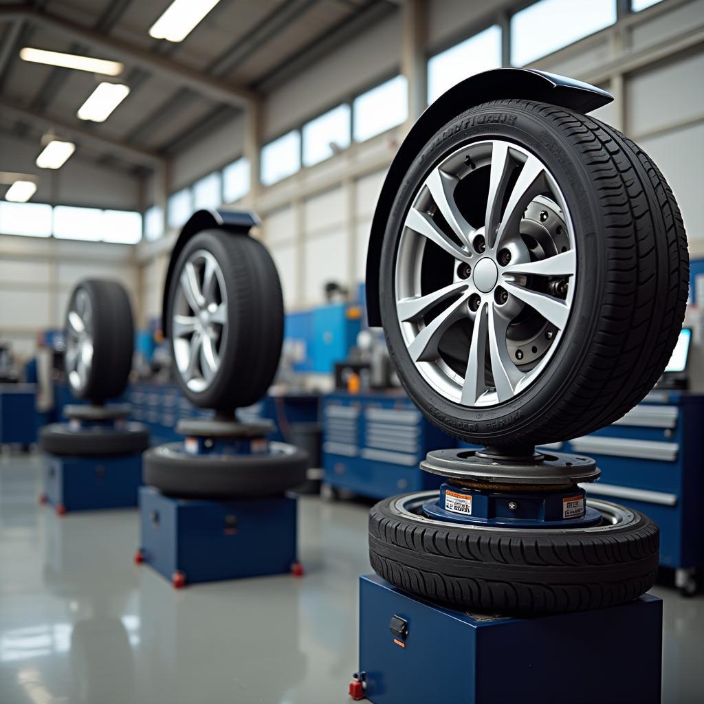 Tire changer and wheel balancer machines in a car service center