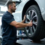 Tire Mounting and Balancing Machine in a Car Service Center