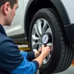 Technician Checking Tire Pressure During First Car Service