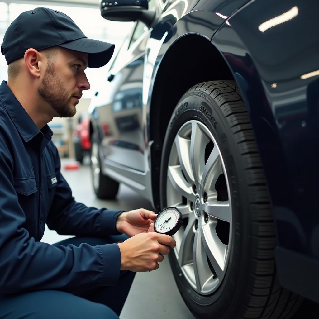 Technician Checking Tire Pressure during Car Service