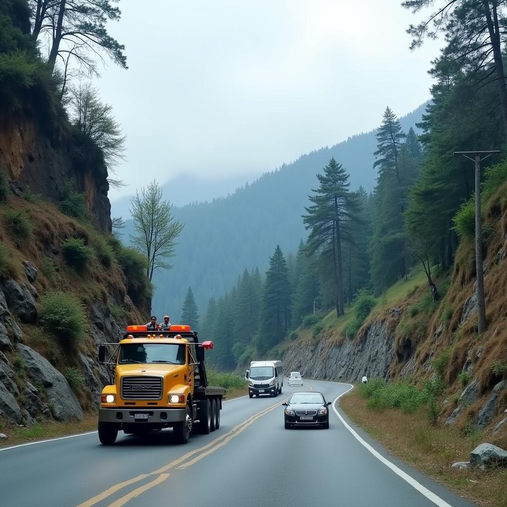 Tow truck assisting a car on a winding mountain road in Sikkim.