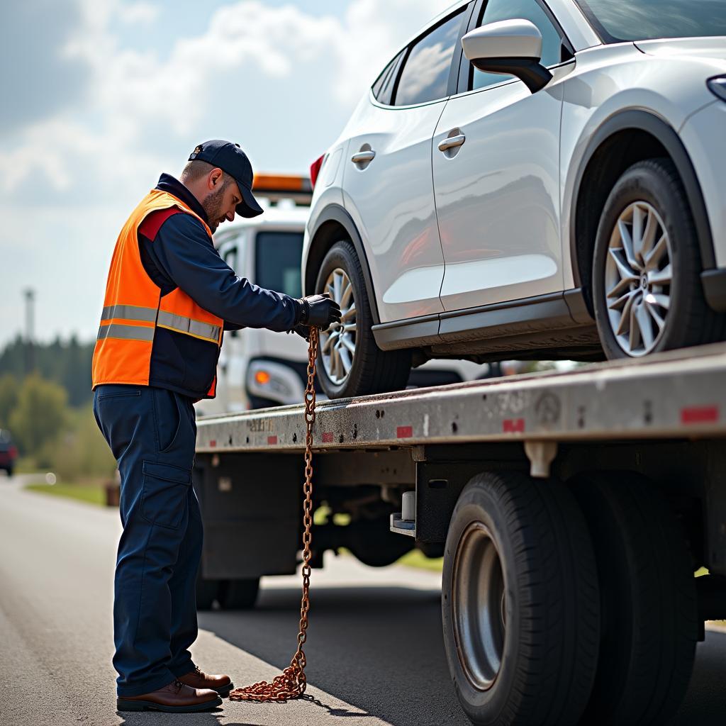 Tow truck driver connecting car to the tow truck with safety chains