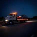 Tow Truck Transporting a Car at Night