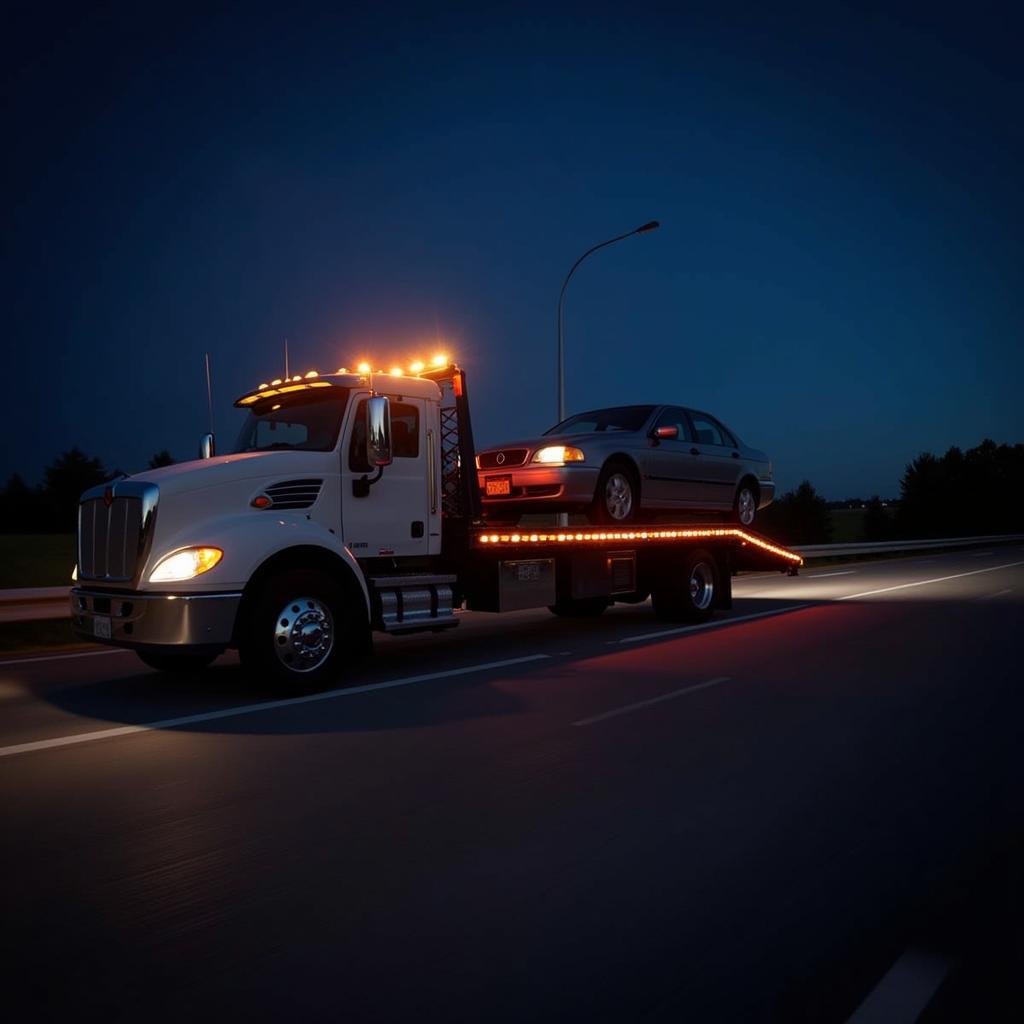 Tow Truck Transporting a Car at Night