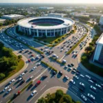 Heavy traffic surrounding Hard Rock Stadium on an event day