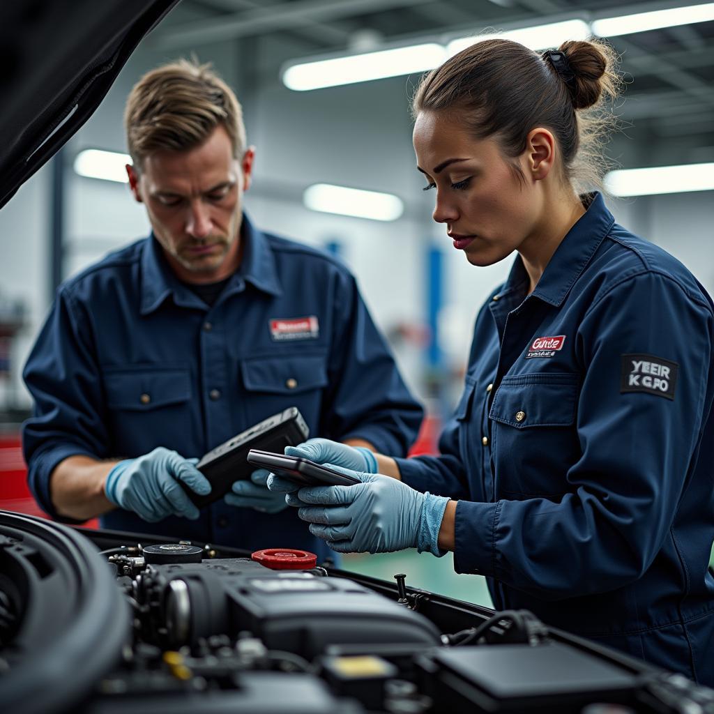 Trained technicians working on a Honda Accord engine in a Surat service centre