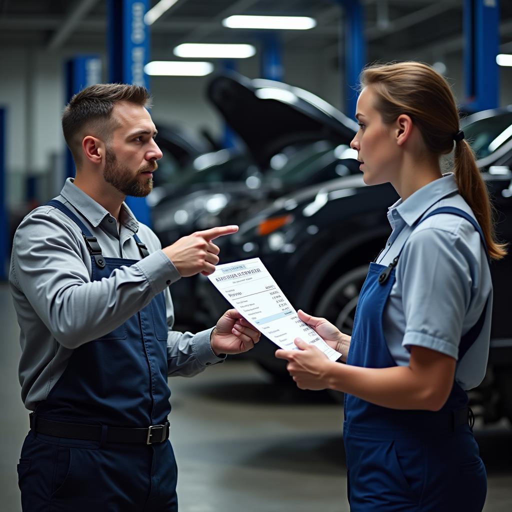 Mechanic Explaining Repair to Customer in a Transparent Car Service Setting