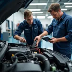 Expert Technicians Working on a Car Engine in a Modern Service Center