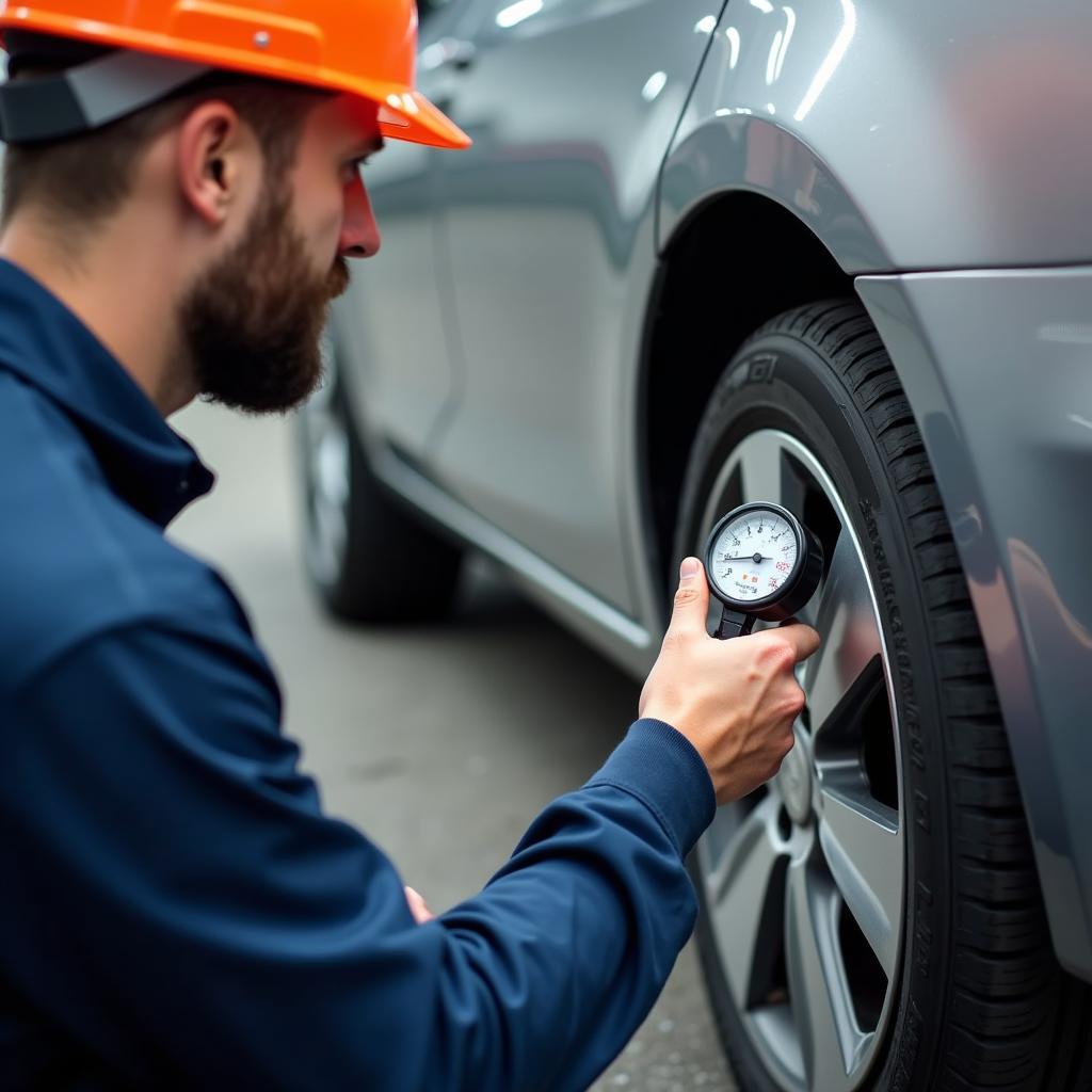 Experienced Technician Checking Tyre Pressure