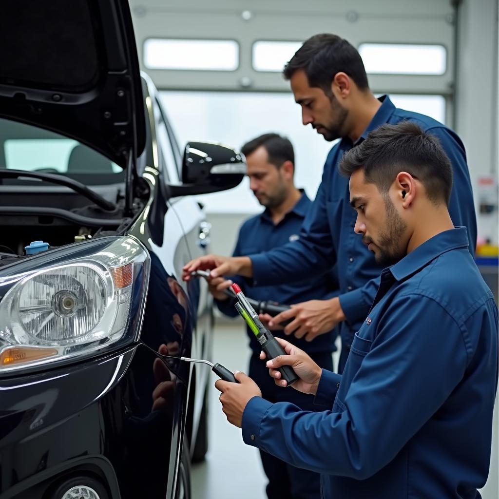 Varun Motors ECIL Service Center - Technicians working on a Maruti Suzuki car