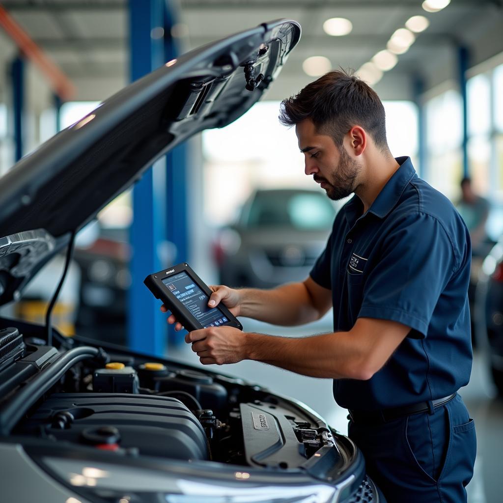 Experienced Mechanic Diagnosing Car Issues at Vishnu Car Service Center