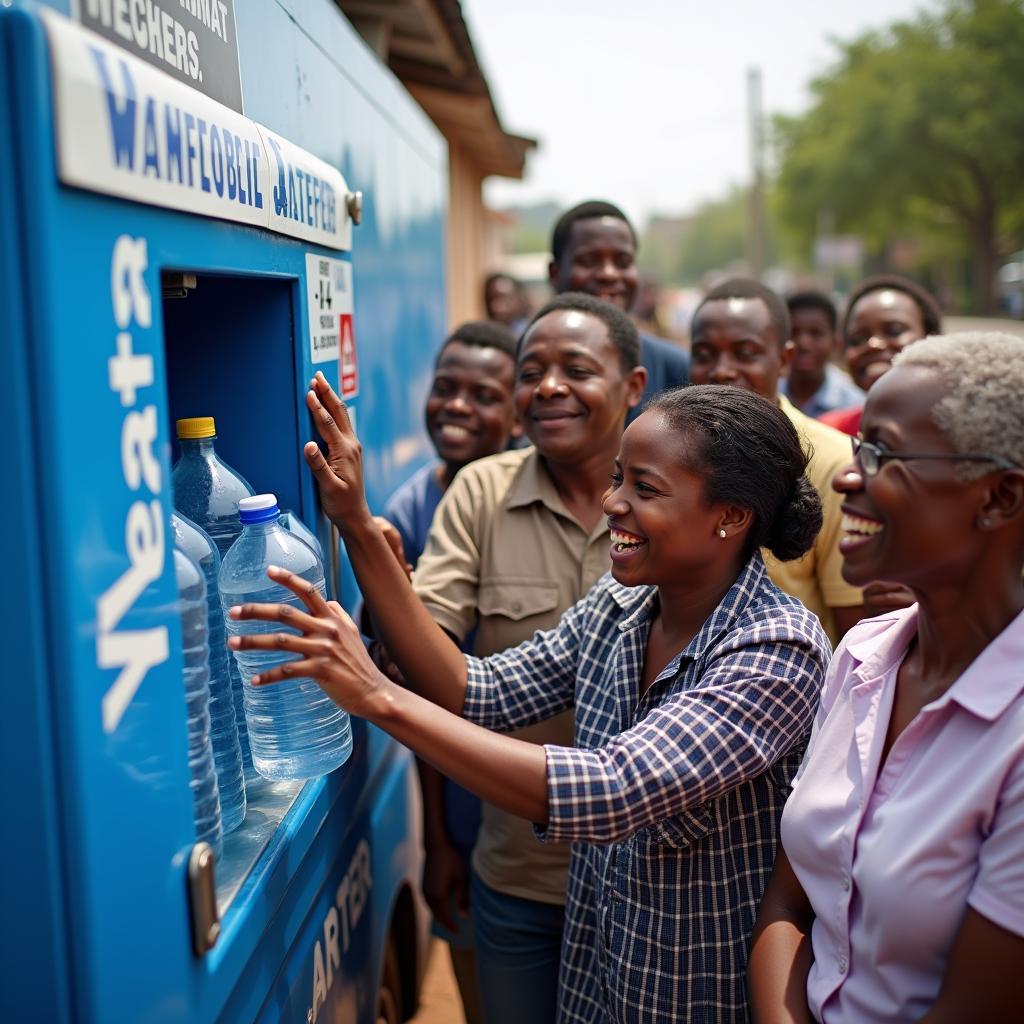 People accessing clean water from a water ATM service car, highlighting its positive impact on the community.