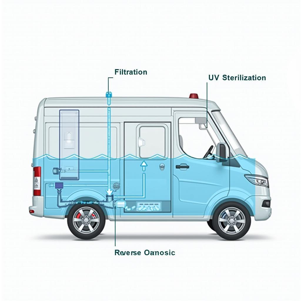 Detailed schematic showing the multi-stage purification process within the water ATM service car.