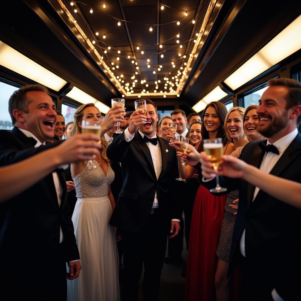 Wedding Party Celebrating on a Party Bus