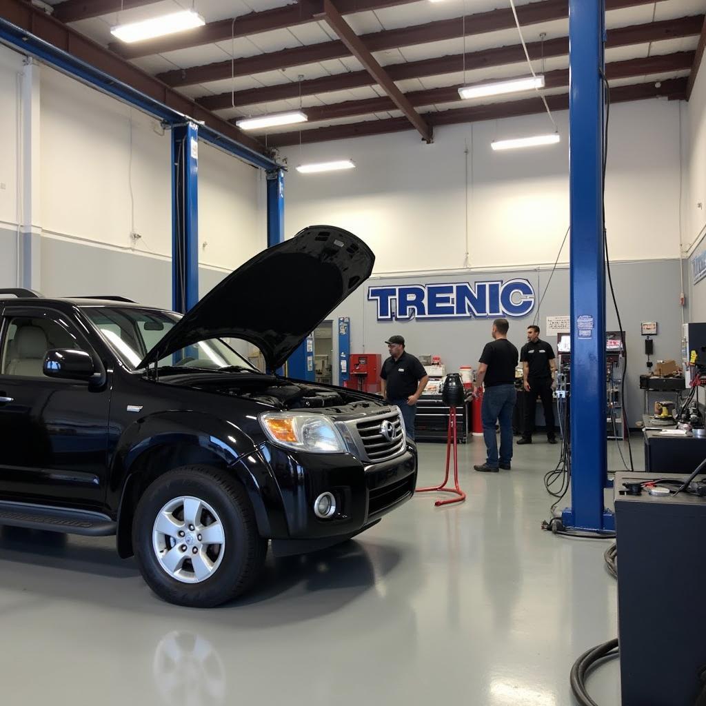 Wesley Chapel Auto Repair Shop: Mechanics working on a car in a modern, well-equipped auto repair shop in Wesley Chapel.