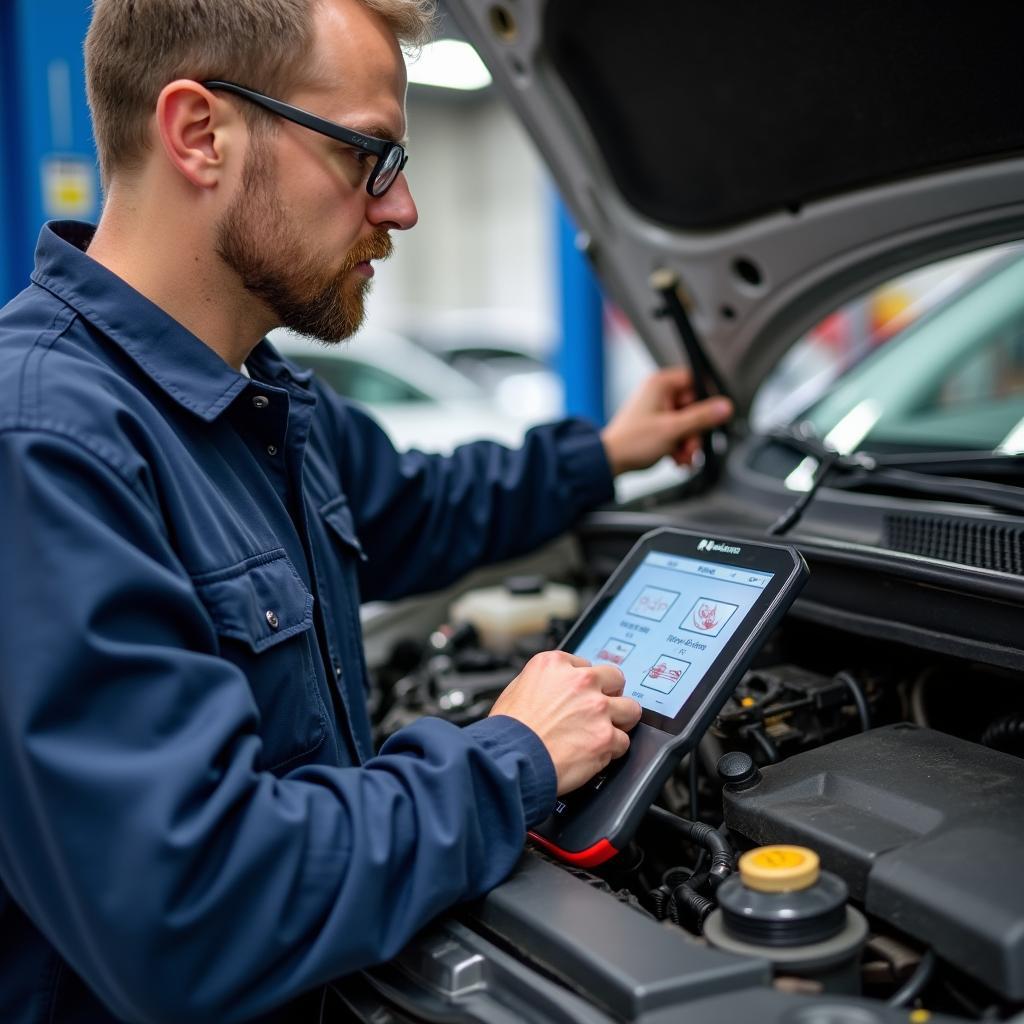 Mechanic performing a diagnostic test on a car in Westbrook Maine