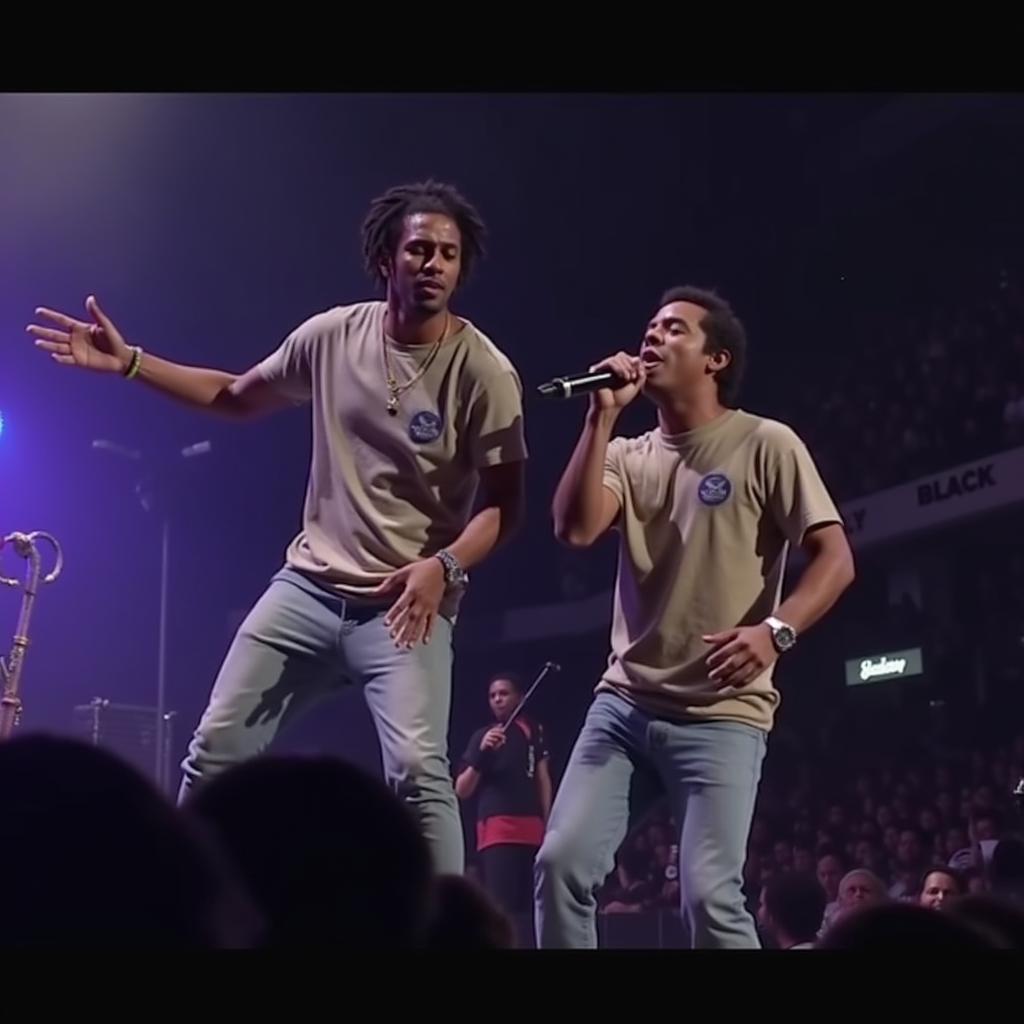 Wiz Khalifa and Curren$y performing on stage together.