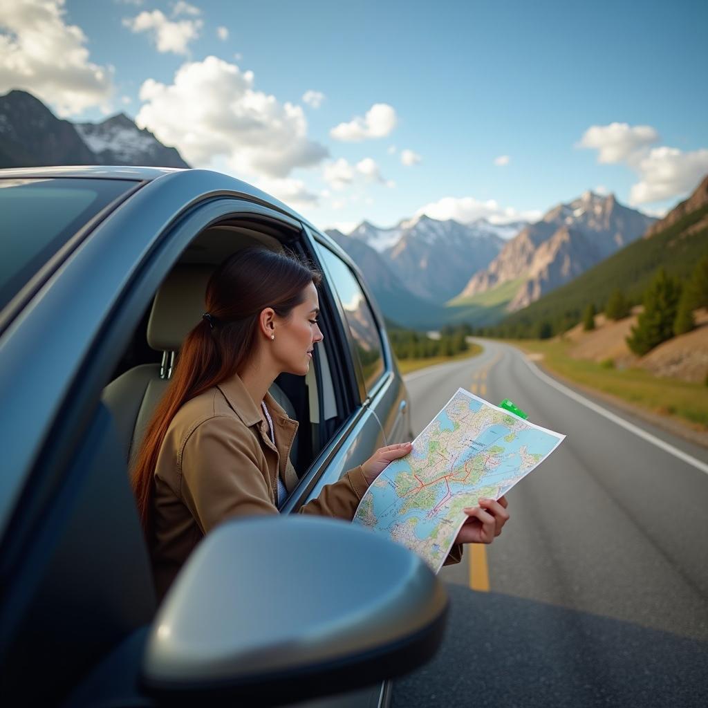 Woman Checking a Map in a Rental Car